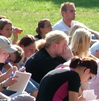 kids on grass in class